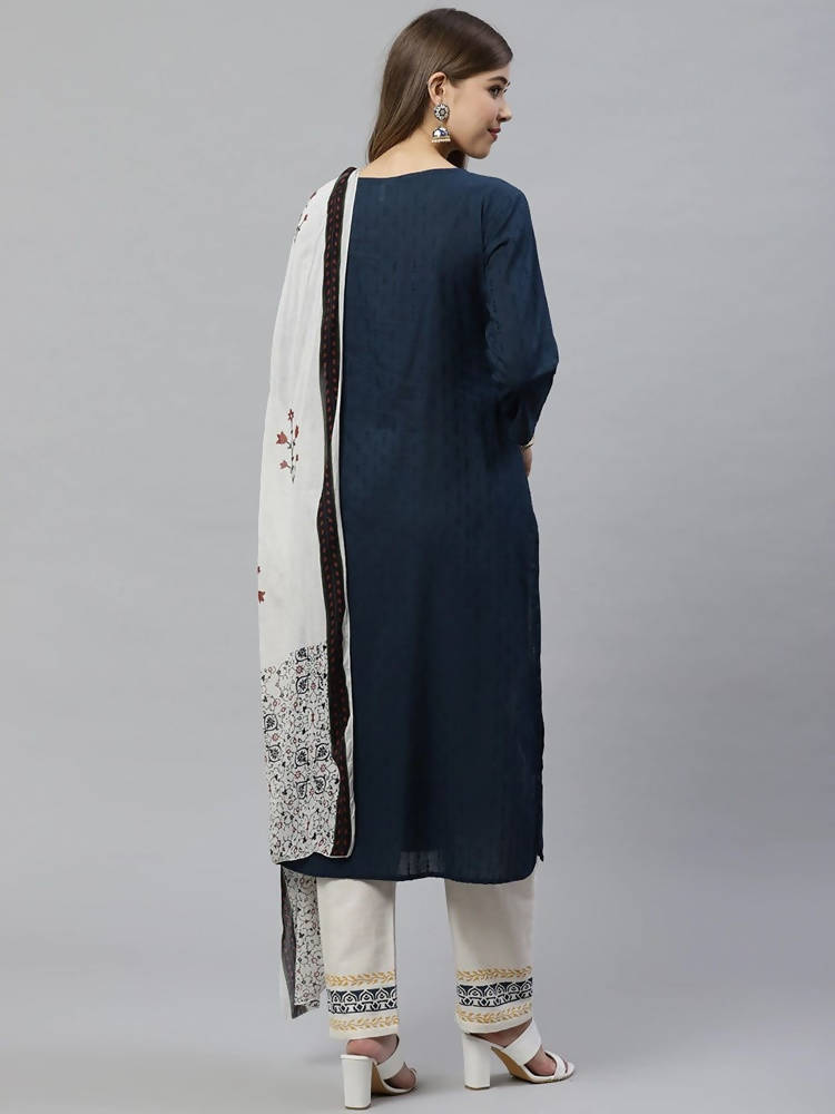 Yufta Women Navy Blue & Off-White Dobby Weaved Kurta with Trouser & Dupatta | Grocsy