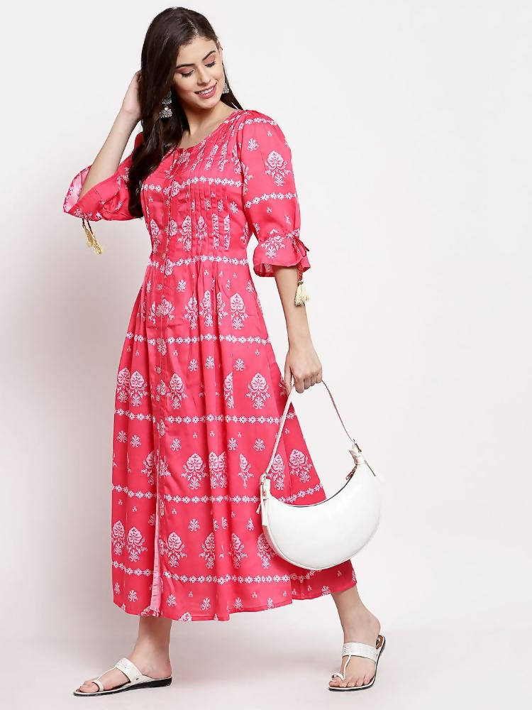 Myshka Women's Pink Cotton Printed 3/4 Sleeve Round Neck Casual Dress | Grocsy