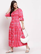 Myshka Women's Pink Cotton Printed 3/4 Sleeve Round Neck Casual Dress | Grocsy