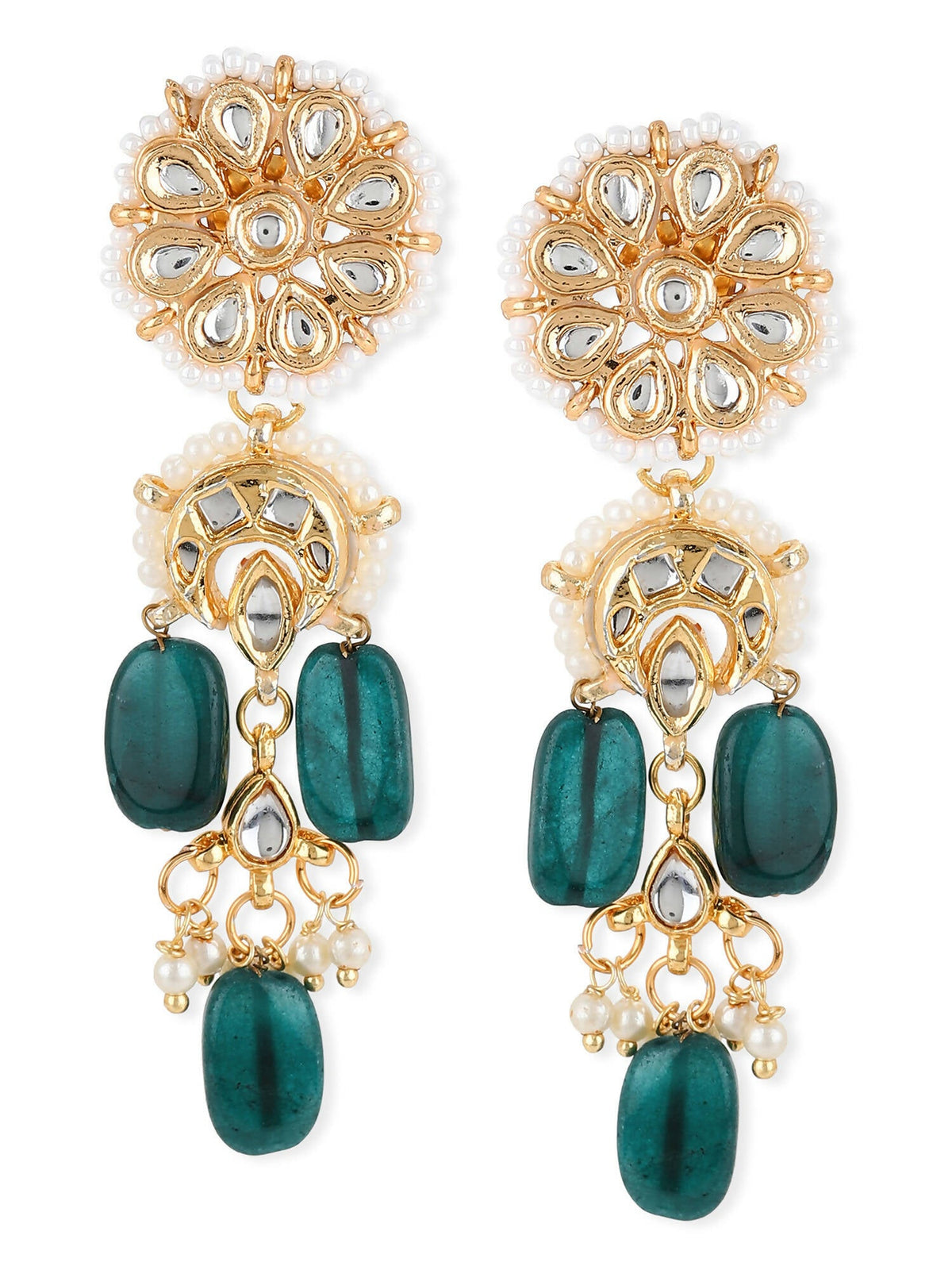Gold-Toned White Kundan Contemporary Gold-Polished Drop Earrings - Ruby Raang | Grocsy