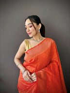 Joban Fashion Orange Jacquard Butti Soft Lichi Silk Paithani Saree | Grocsy