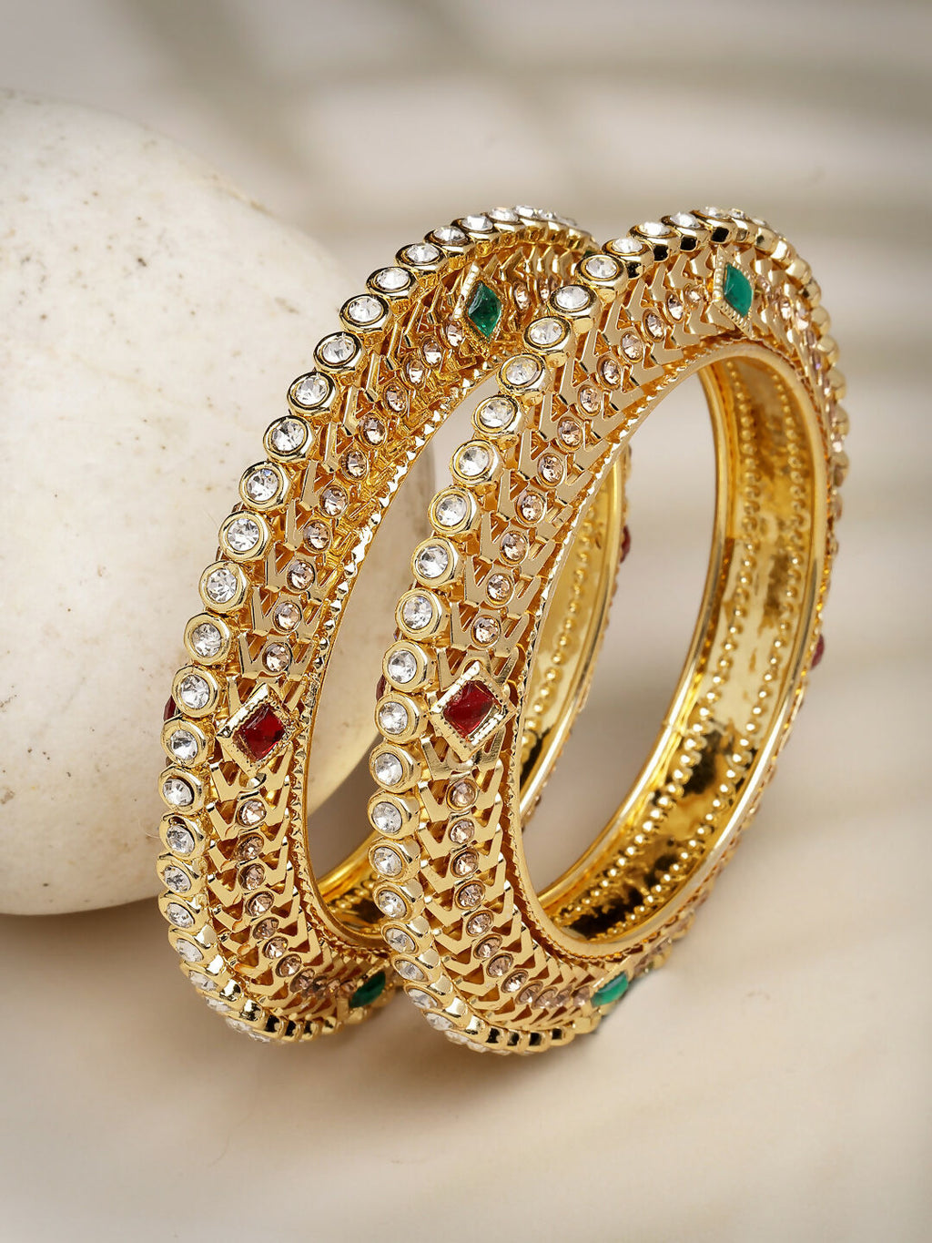NVR Women's Set of 2 Gold-Polished Kundan Traditional Bangles