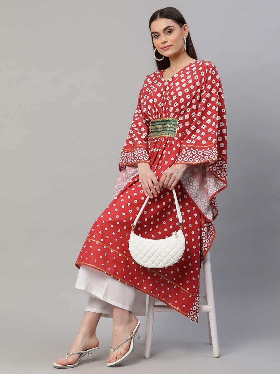 Ahalyaa Women Maroon Crepe Digital Printed Flared Sleeve Kaftan Kurta | Grocsy