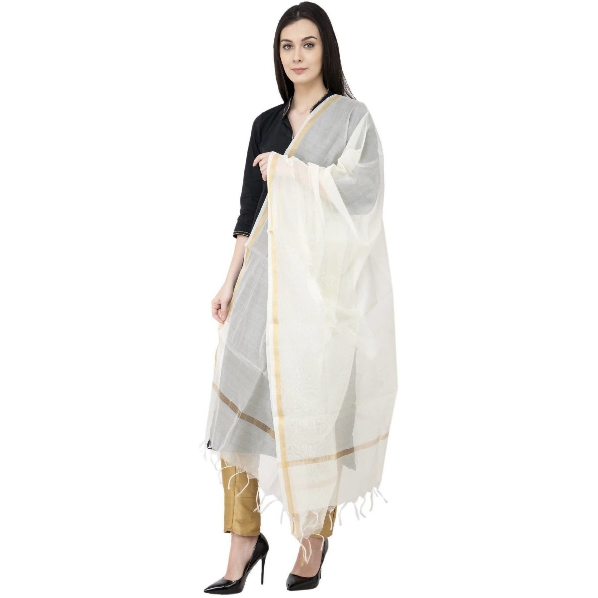 A R Silk Chanderi Piping Regular Dupatta off White Color Dupatta or Chunni | Grocsy