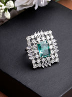 NVR Women's Green & Silver CZ-Studded Square-Shaped Adjustable Finger Ring | Grocsy