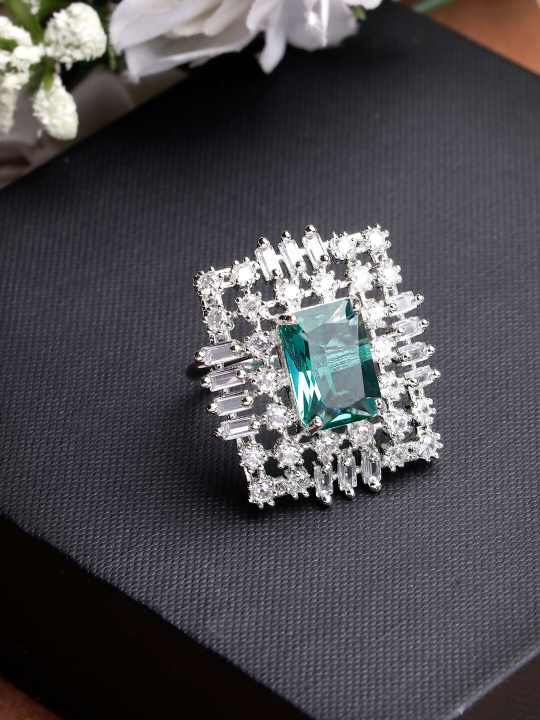 NVR Women's Green & Silver CZ-Studded Square-Shaped Adjustable Finger Ring | Grocsy