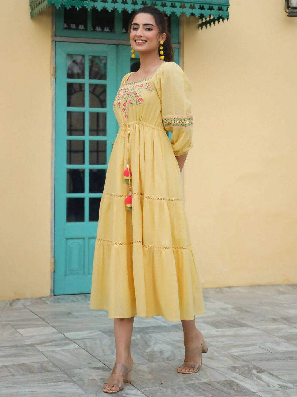 Juniper Women's Yellow Cotton Dobby Embroidered Flared Dress | Grocsy