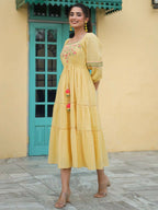 Juniper Women's Yellow Cotton Dobby Embroidered Flared Dress | Grocsy