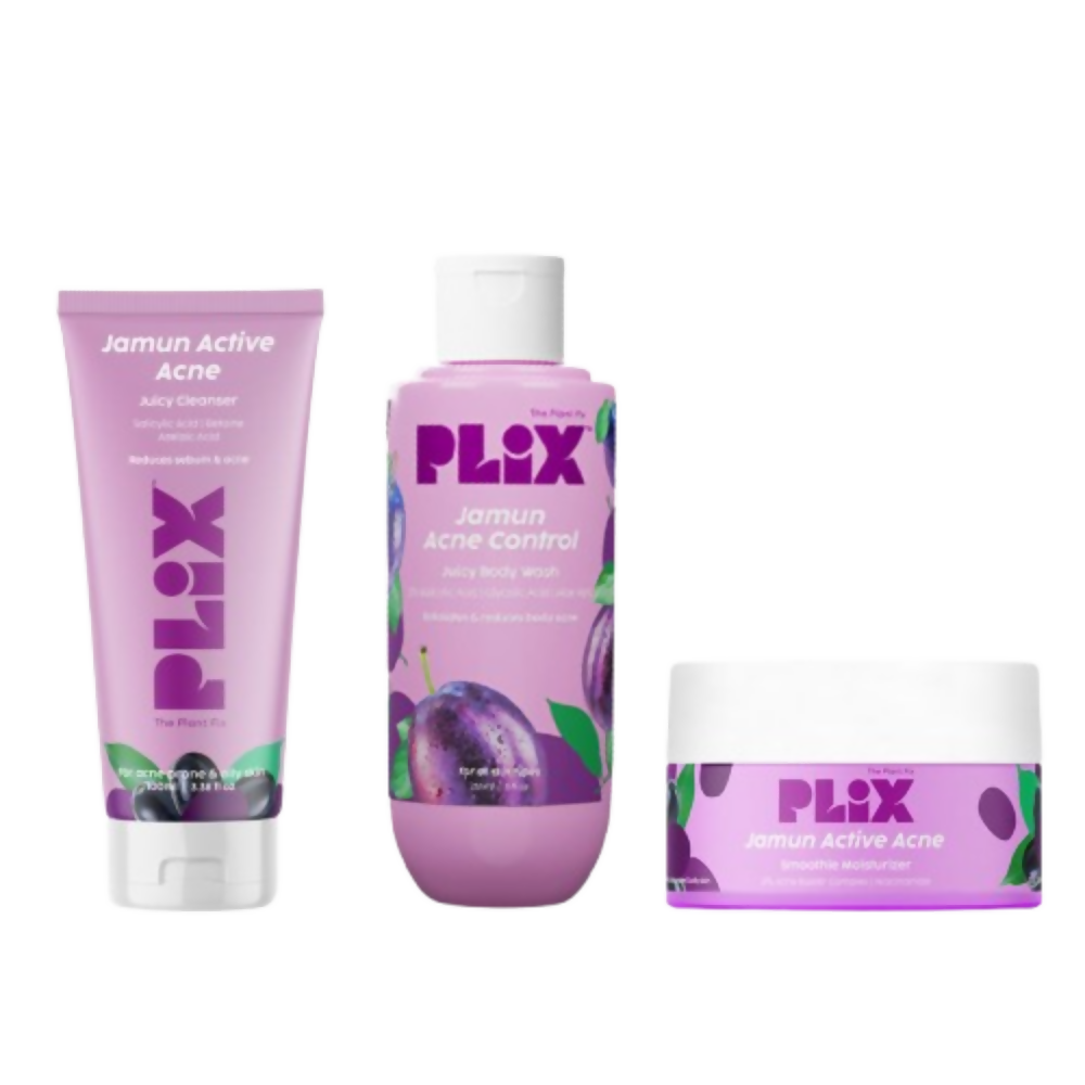 PLIX The Plant Fix Jamun Active Acne Regime With Cleanser, Body Wash & Moisturizer | Grocsy