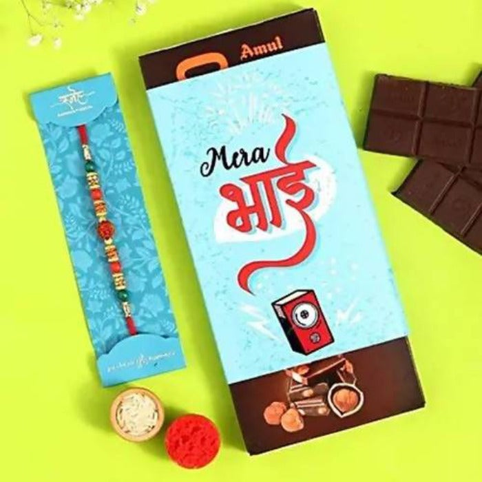 Rudraksha Rakhi & Mera Bhai Amul Chocolate Sleeve | Grocsy