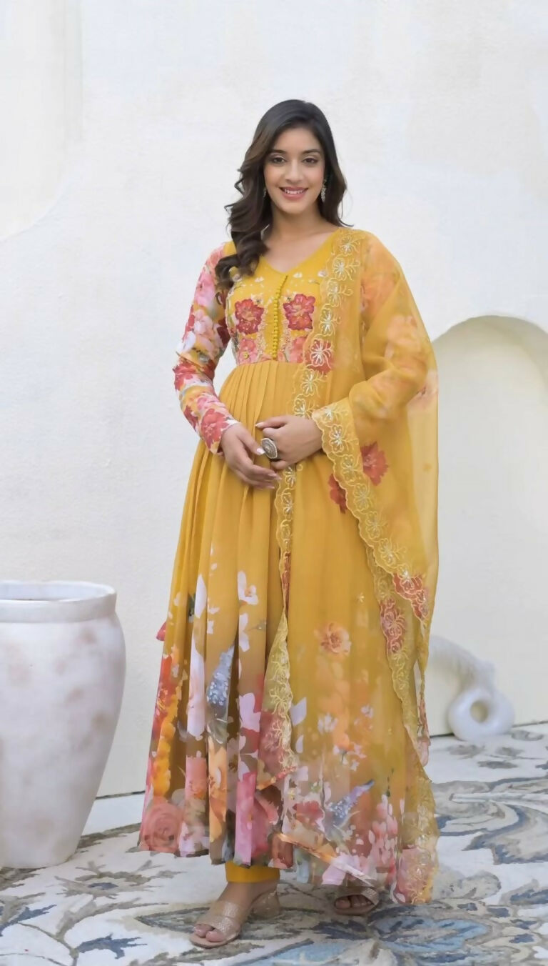 Teeya Creation Yellow Color Faux Georgette Printed Party Wear Gown | Grocsy