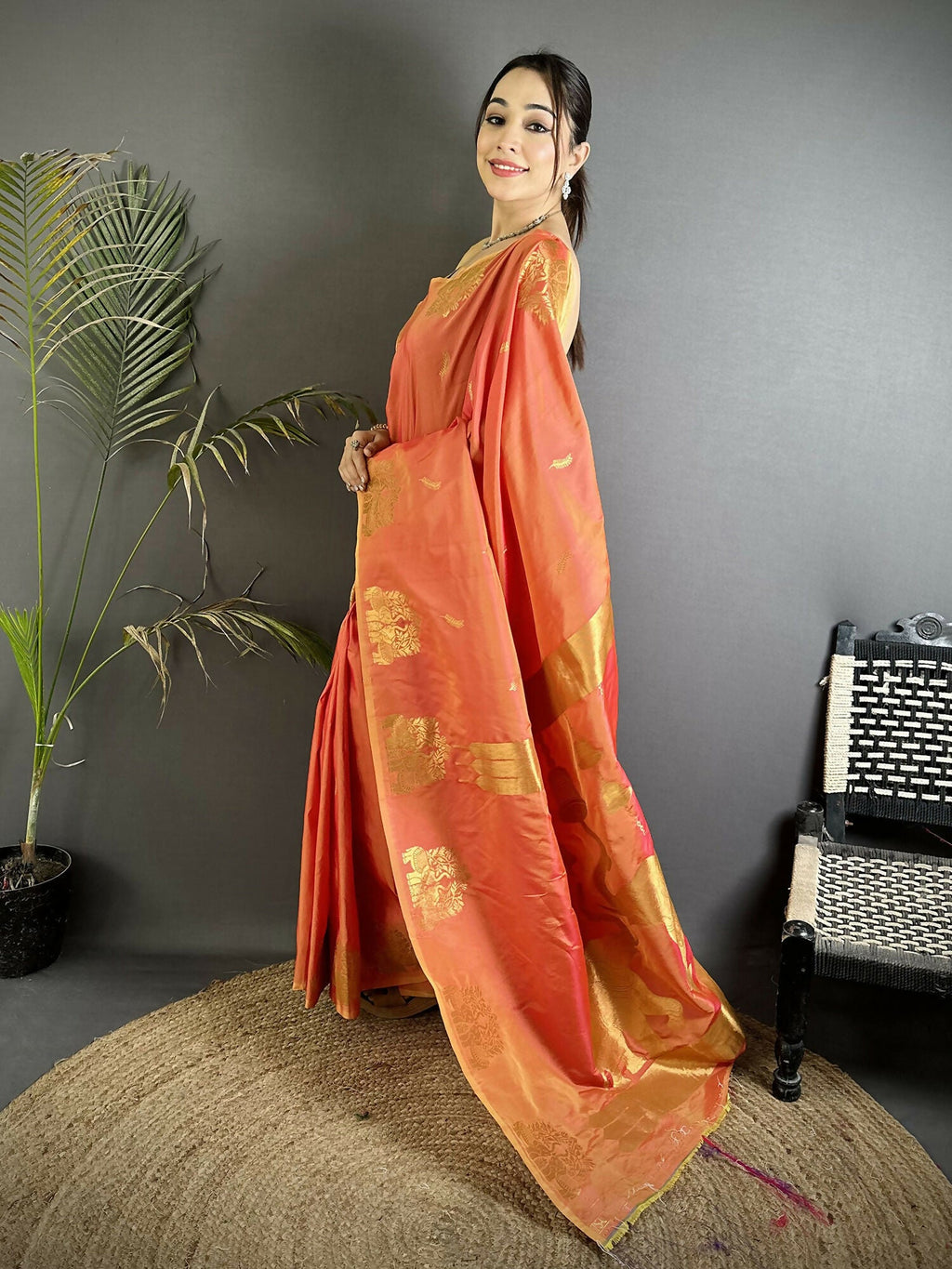 Joban Fashion Orange Motifs Zari Weaving Soft Silk Banarasi Saree | Grocsy