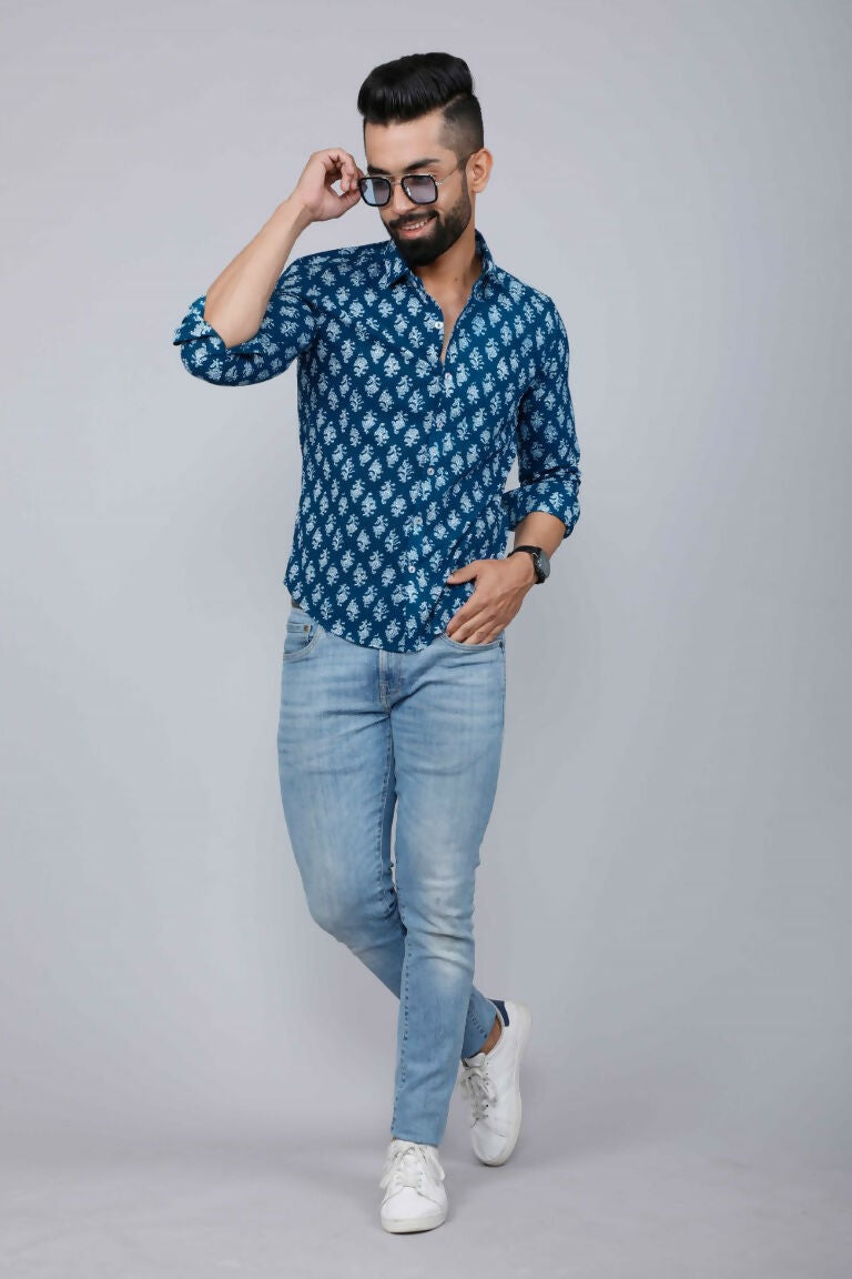 Miravan Men's Blue Printed Cotton Casual Shirt | Grocsy