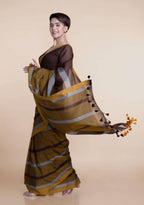 Suta Brown Yellow Colourblocked Mul Saree | Grocsy