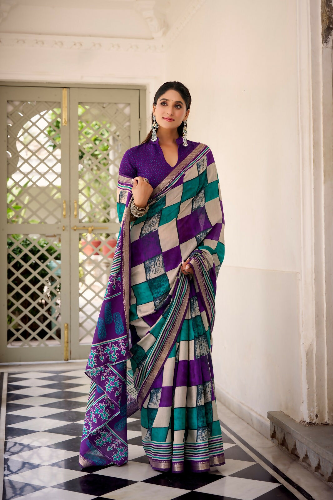 Vastranavya Purple Viscose Chanderi Printed with Temple Border Saree & Unstitched Blouse | Grocsy