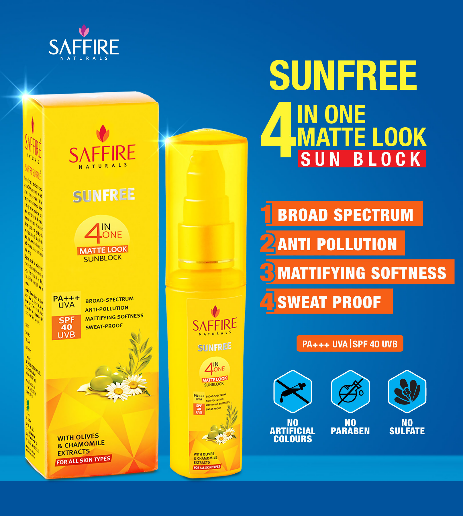 Saffire Naturals 4-In-One SunFree Matte Look SunBlock SPF 40 | Grocsy