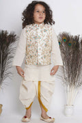 Little Bansi Banarsi Silk Pink Blue Floral Embroidery Jacket With Cotton Kantha kurta And Kantha Dhoti - Cream | Grocsy