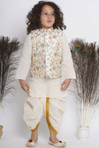 Little Bansi Banarsi Silk Pink Blue Floral Embroidery Jacket With Cotton Kantha kurta And Kantha Dhoti - Cream | Grocsy