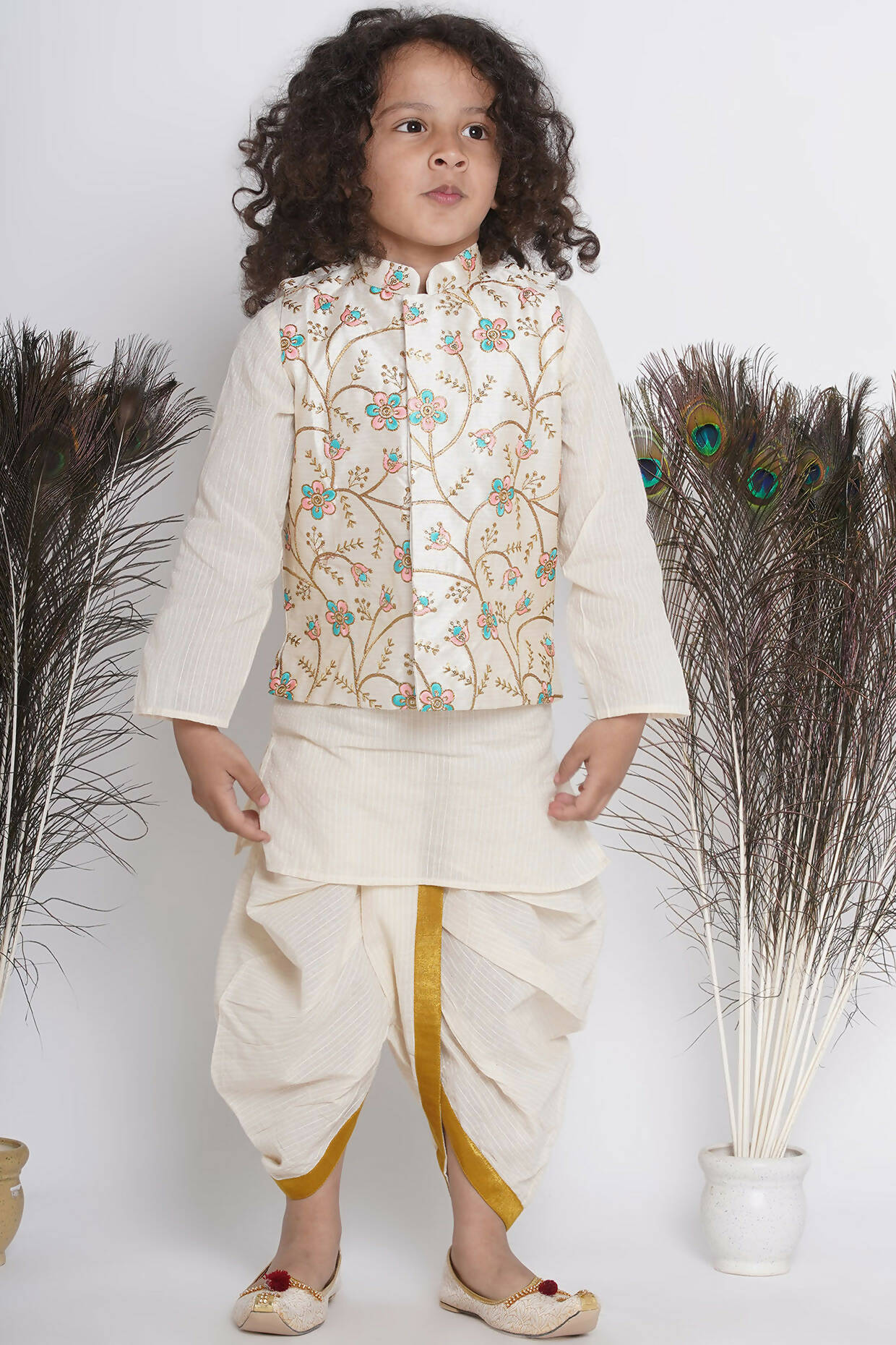 Little Bansi Banarsi Silk Pink Blue Floral Embroidery Jacket With Cotton Kantha kurta And Kantha Dhoti - Cream | Grocsy