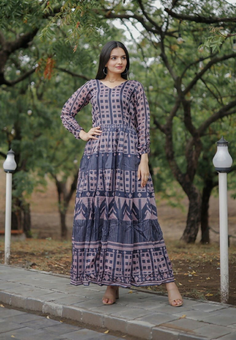 Jyoti Fashion Women's Navy Blue Heavy Digital Printed Pure Chanderi Anarkali Dress | Grocsy