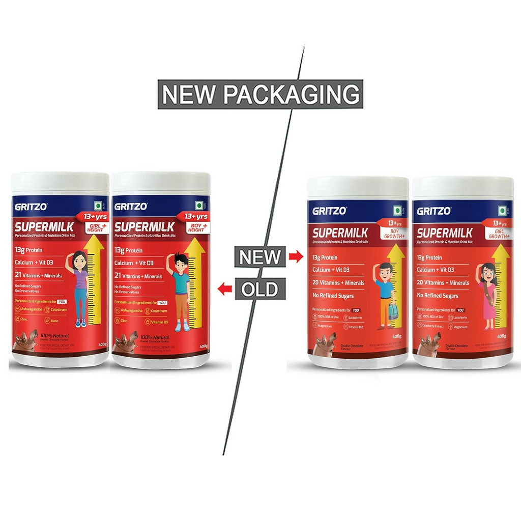 Gritzo SuperMilk Growth+ (Formerly Height+) (13+y Boys & Girls) 13g Protein Powder - Double Chocolate | Grocsy