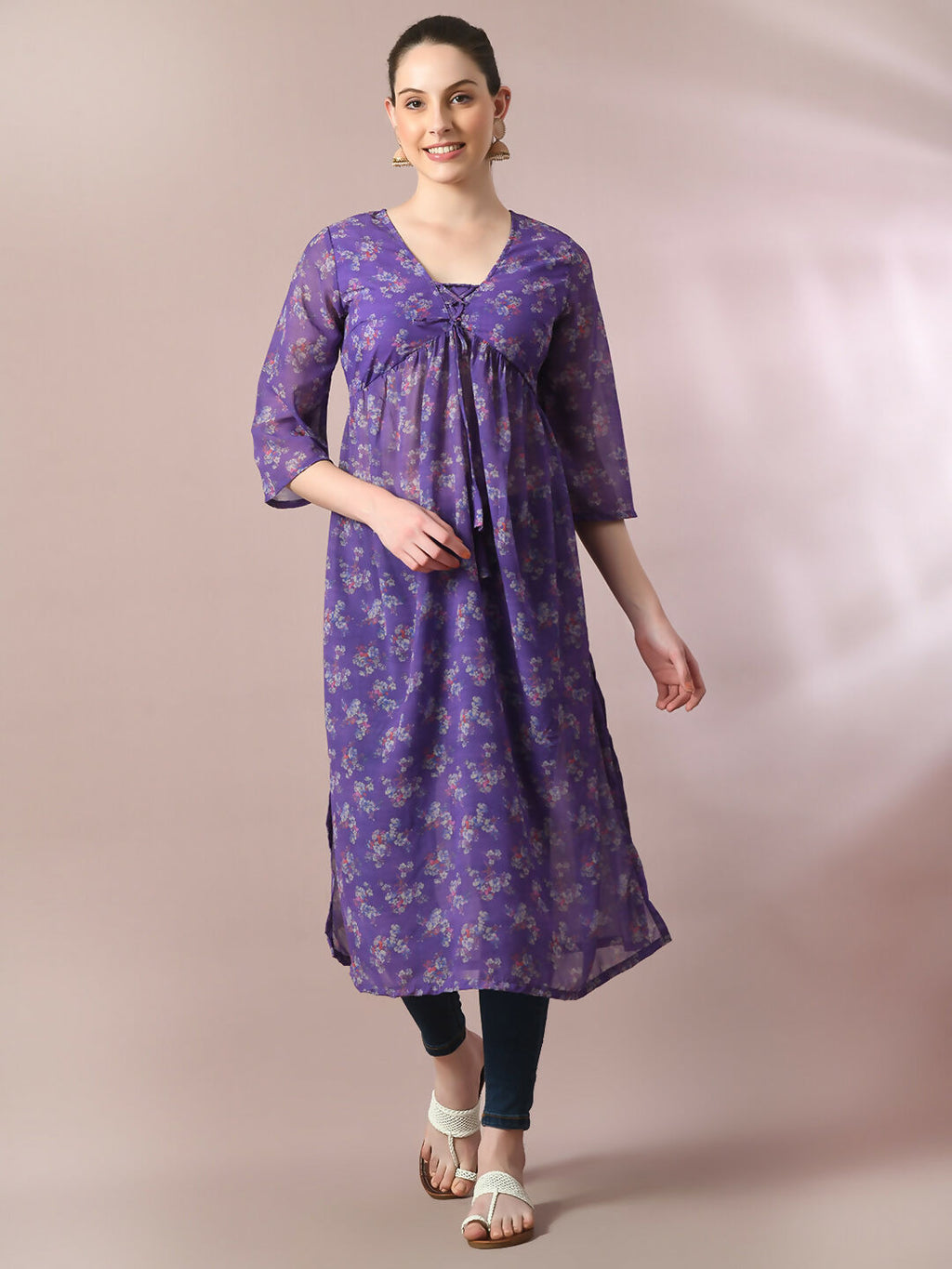 Myshka Women's Purple Printed Georgette A-Line Nyra-cut Kurta | Grocsy