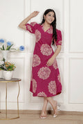 Miravan Womens Pink Printed Collar Neck Short Puff Sleeves Cotton A-Line Maxi Dress | Grocsy