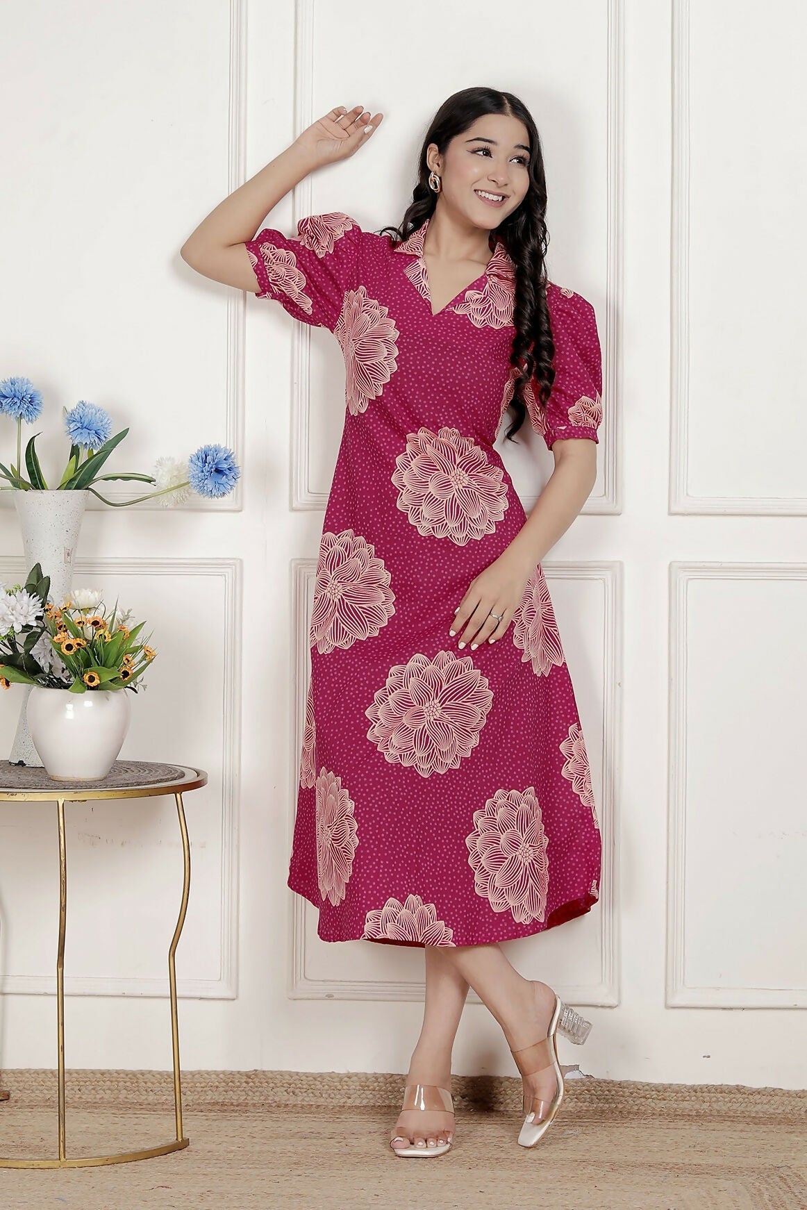 Miravan Womens Pink Printed Collar Neck Short Puff Sleeves Cotton A-Line Maxi Dress | Grocsy