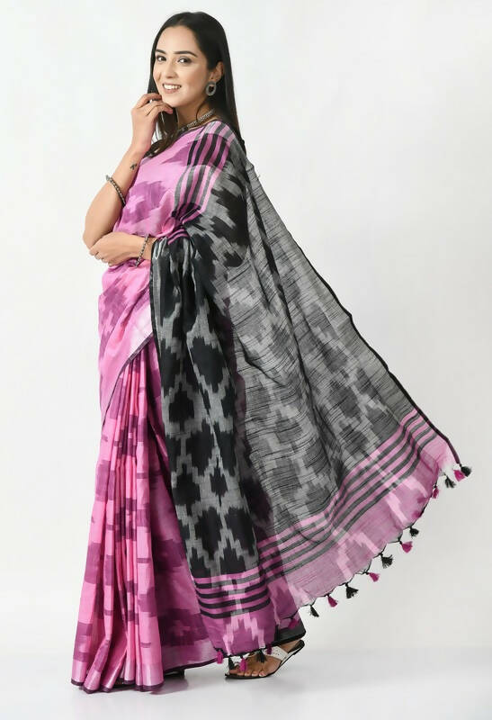 Mominos Fashion Moeza Pink & Black Bhagalpuri Handloom Ikat Pure Cotton Saree with unstitched Blouse piece | Grocsy