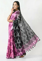 Mominos Fashion Moeza Pink & Black Bhagalpuri Handloom Ikat Pure Cotton Saree with unstitched Blouse piece | Grocsy