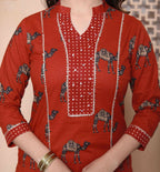 Miravan Womens Rust Animal Printed Three Quarter Sleeves Pure Cotton Kurta With Palazzo | Grocsy