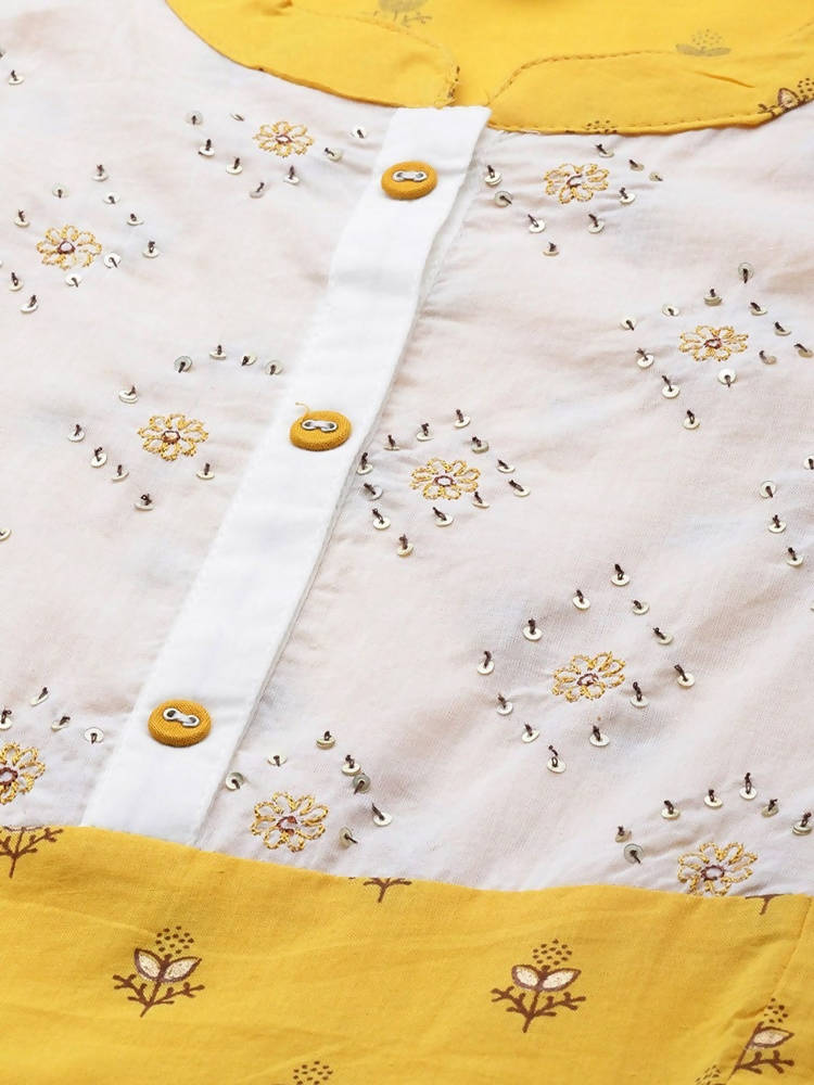 Yufta Women Yellow & White Cotton Embellished Ethnic Motifs Print Tiered Maxi Dress | Grocsy
