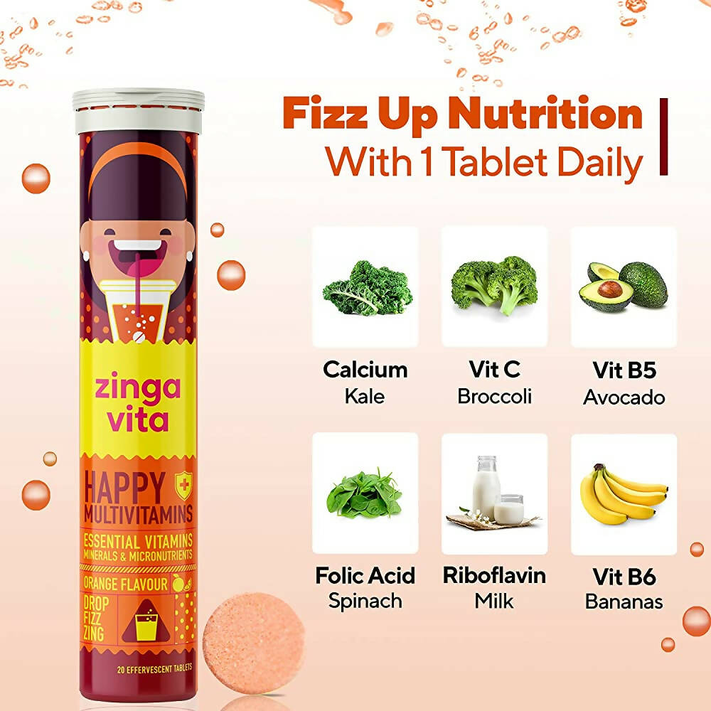Zingavita Happy Multivitamin Effervescent Tablets for Kids (Orange Flavor) | Grocsy