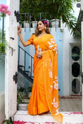 Exclusive Collection Beautiful Orange Pure Cotton Hand Print Handloom Saree With Running Blouse Piece | Grocsy