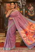 Very Much Indian Handloom Pure Cotton Paithani Peacock Pallu-Dual Tone Blue Pink | Grocsy