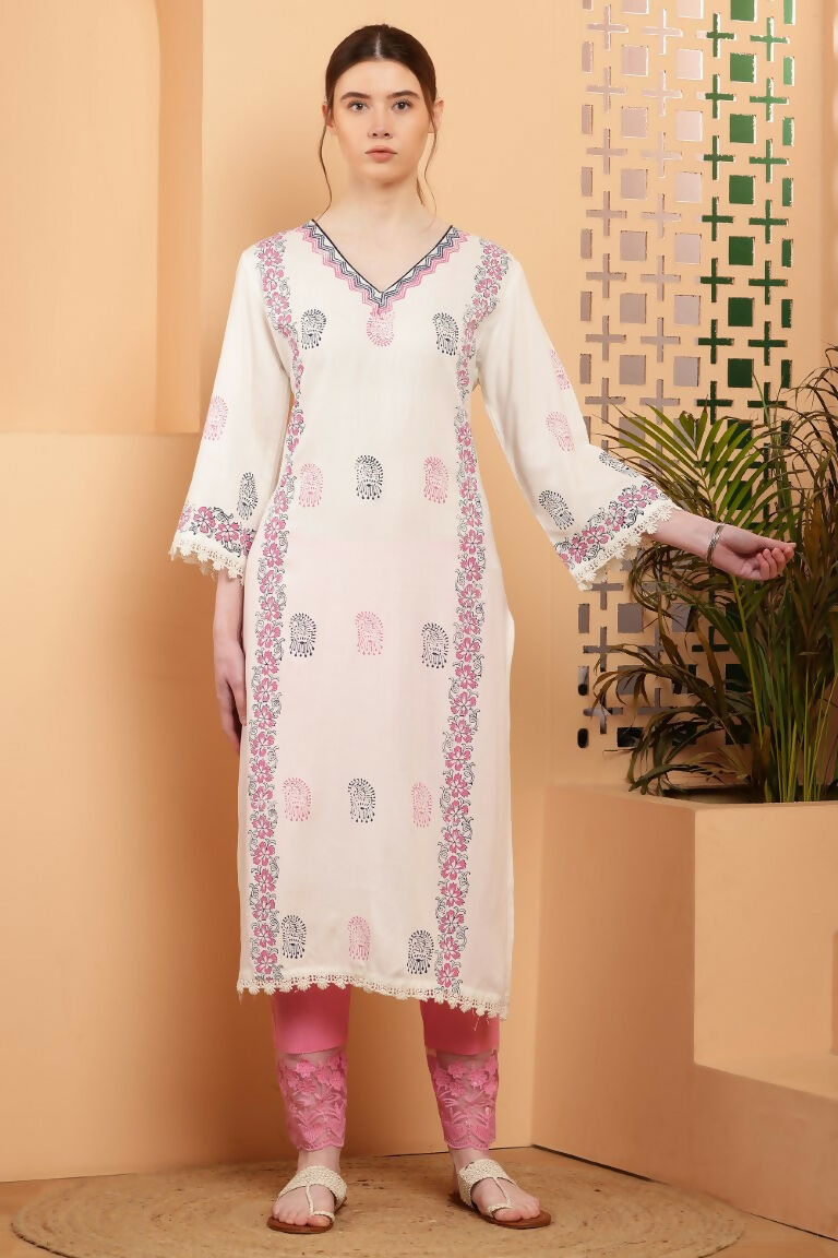 Cheera Women Stylish Hand Block Printed Cotton Blend Flared Kurta - Off White | Grocsy