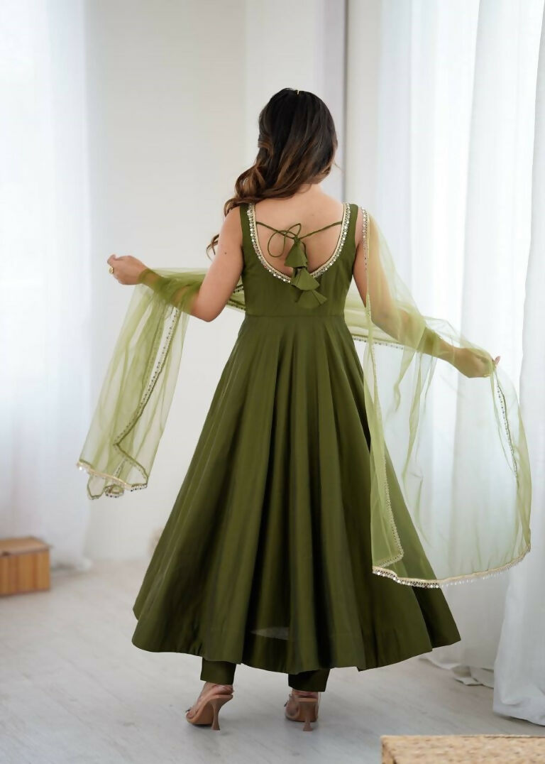 Teeya Creation Green Color Pure Roman Silk Mirror Lace Party Wear Gown | Grocsy
