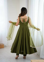Teeya Creation Green Color Pure Roman Silk Mirror Lace Party Wear Gown | Grocsy