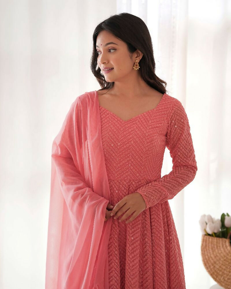 Joban Fashion Peach Kurta Set Georgette Sequence Embroidery Work | Grocsy