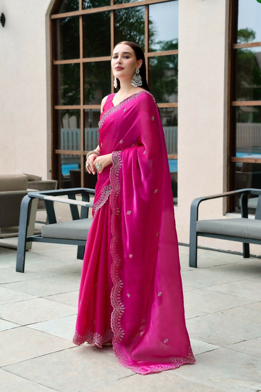Vastranavya Pink Embroidery Work Shimmer Chiffon Saree with Unstitched Blouse | Grocsy