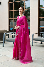 Vastranavya Pink Embroidery Work Shimmer Chiffon Saree with Unstitched Blouse | Grocsy