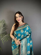 Joban Fashion Teal Ethnic Floral Motifs Soft Lichi Silk Banarasi Saree | Grocsy