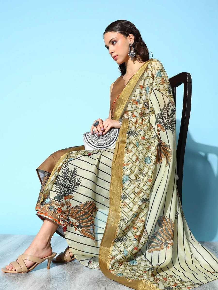 Ahalyaa Women's Brown Colour Cotton Blend Digital Printed Kurta Palazzo Set With Dupatta | Grocsy