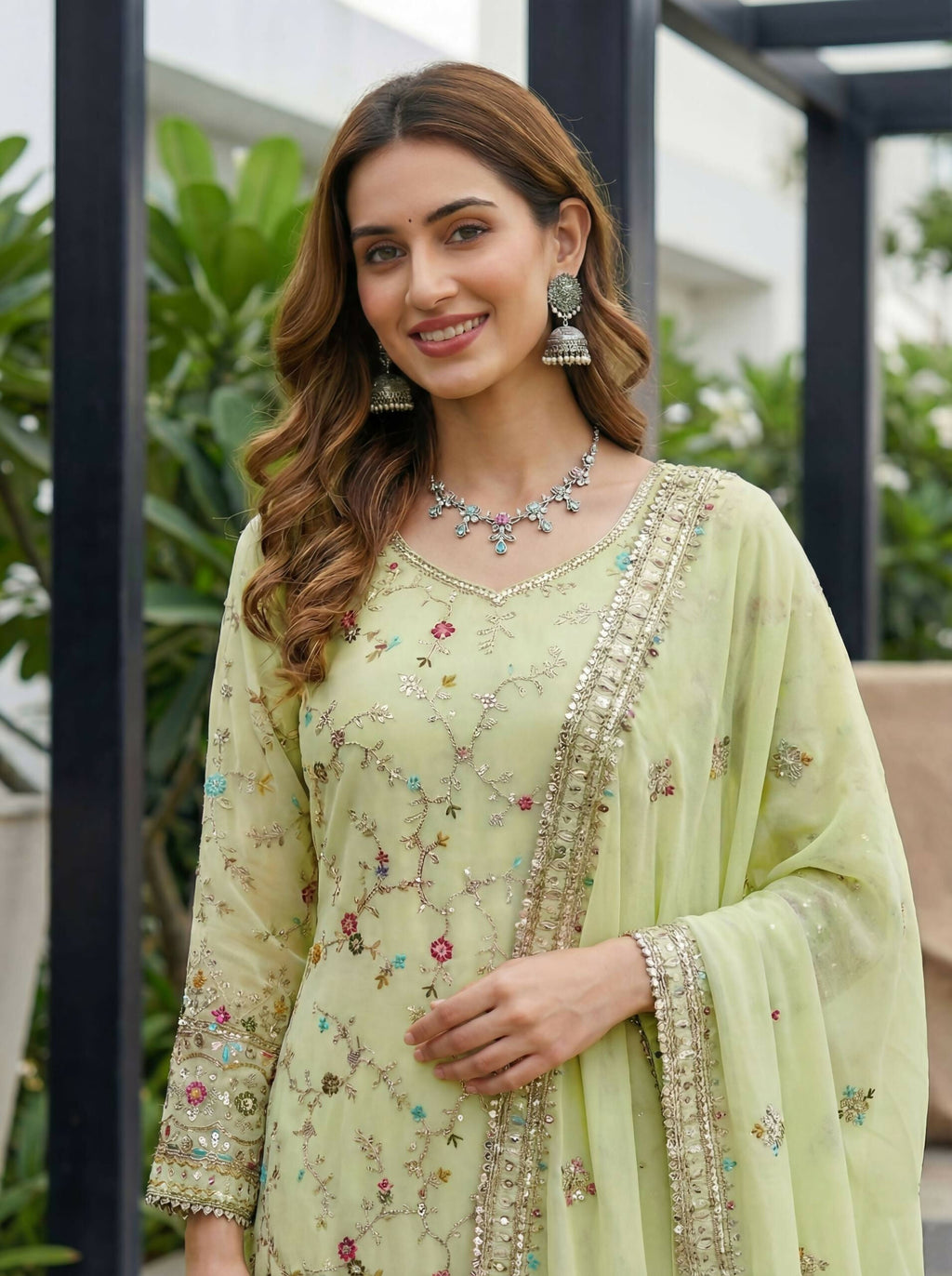 Teeya Creation Pista Faux Georgette Multi Thread Work Wedding Wear Sharara Set | Grocsy