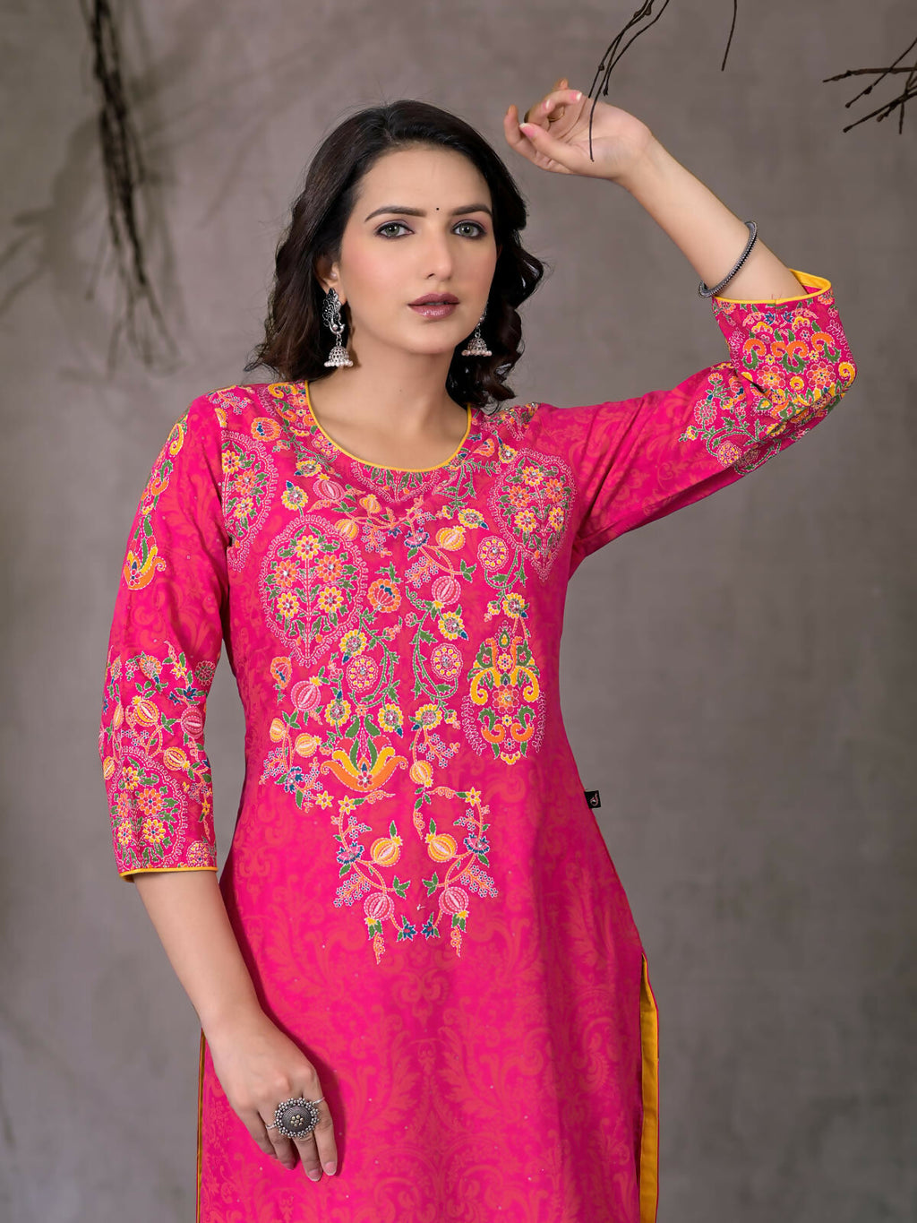 Juniper Women's Pink Thread Embroidered Liva Rayon Kurta With Sequins & Beads | Grocsy