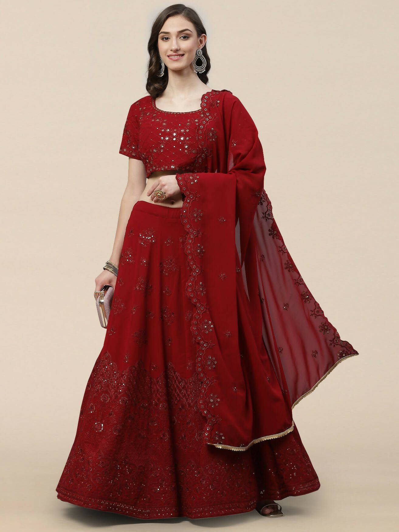 Maroon Georgette Thread with Sequins Embroidered work Lehenga Choli with Dupatta - Jivika | Grocsy