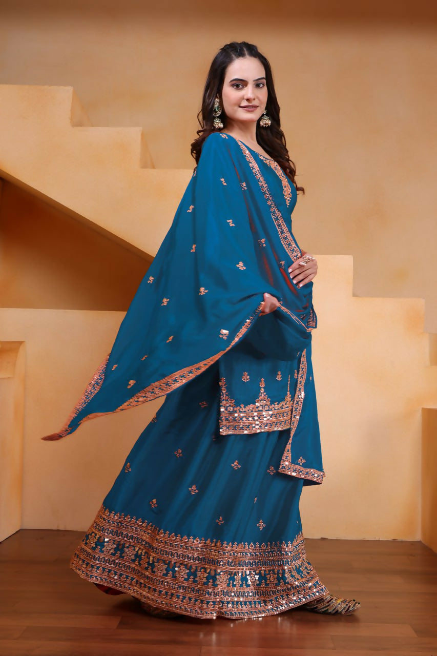 Joban Fashion Teal Silk Embroidered Sharara Set | Grocsy