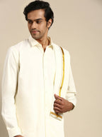 Ramraj Cotton Mens Premium Wedding Cream Dhoti with shirt Bit & Towel Set | Grocsy