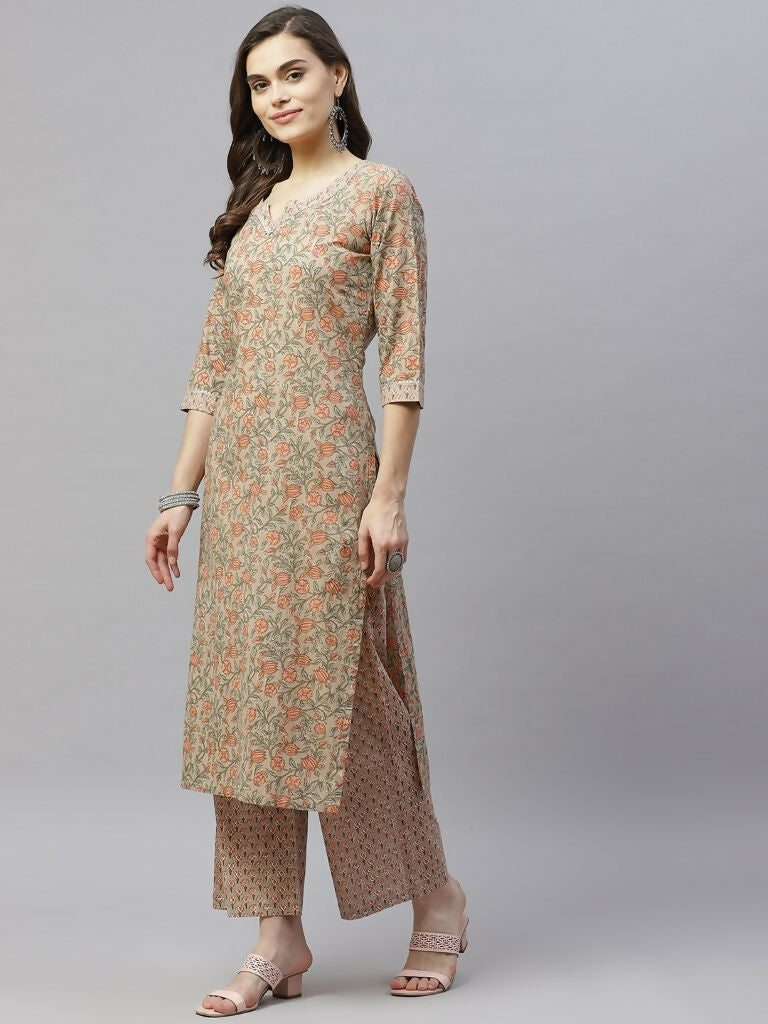 Miravan Women's Pure Cotton Printed Straight Kurta And Palazzo | Grocsy