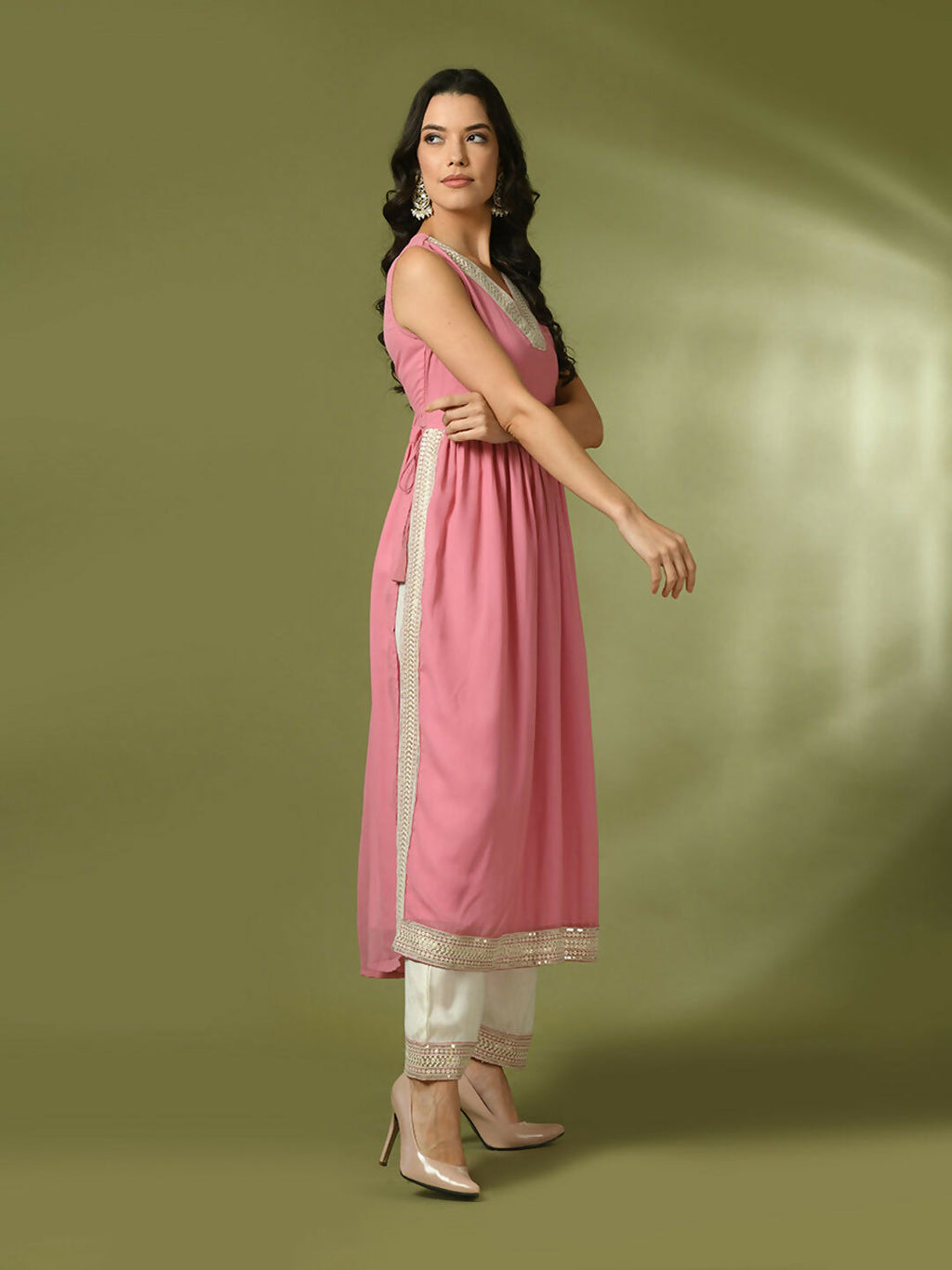 Myshka Women's Pink Solid Georgette Anarkali Party Kurta Set | Grocsy
